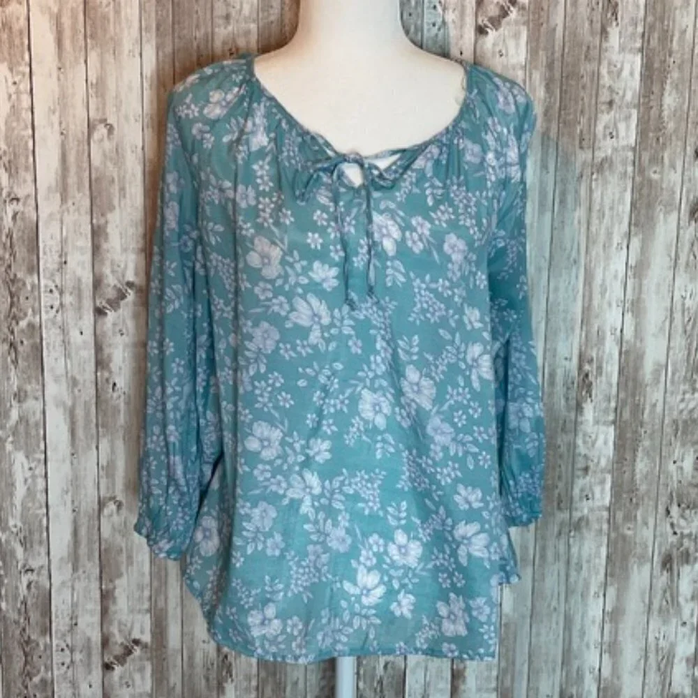 Como Blue Aqua & White Boho Blouse size Medium